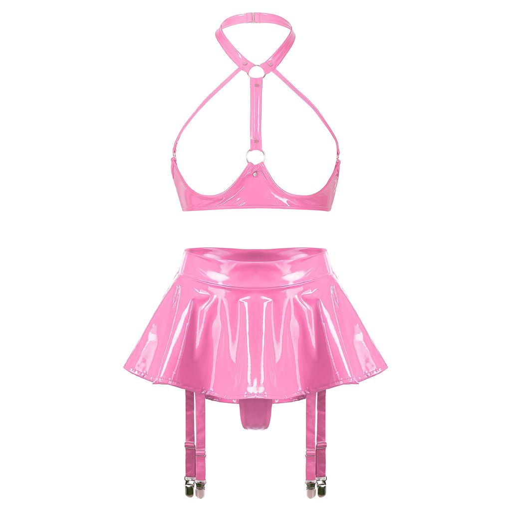 Women Shiny Leather Lingerie Set Cupless Bra Top with Ruffle Built-in Thongs Garter Mini Skirt for Party Clubwear Sexy Outfits