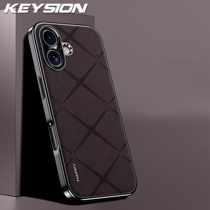 KEYSION Luxury Grid Pattern PU Leather Case for iPhone 17 Pro Max Plating TPU Camera Protection Phone Cover for iPhone 17 Air