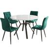 Dining Table and Chair Set (5-piece), Modern, Round, Made of Marble, Table Legs Made of Black Metal + 4 Ergonomic Chairs Made of Green Suede