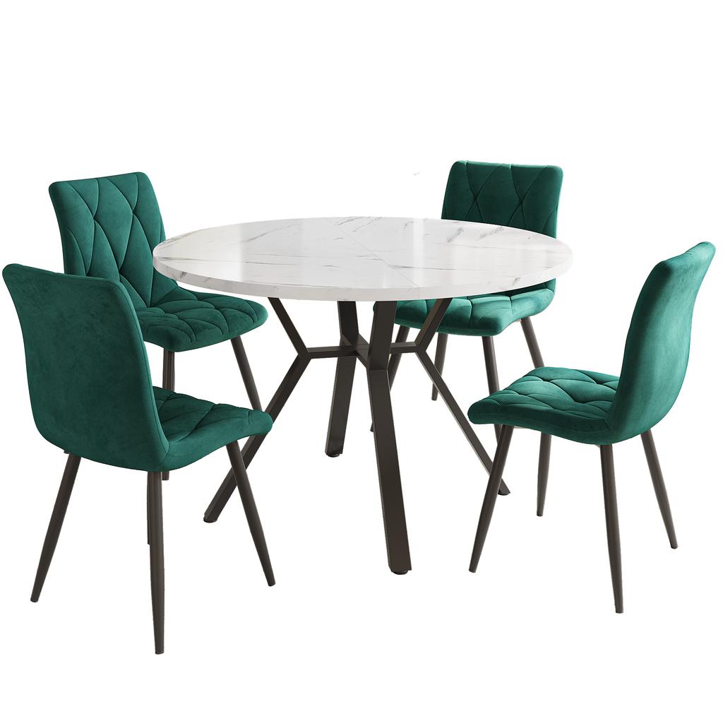 Dining Table and Chair Set (5-piece), Modern, Round, Made of Marble, Table Legs Made of Black Metal + 4 Ergonomic Chairs Made of Green Suede