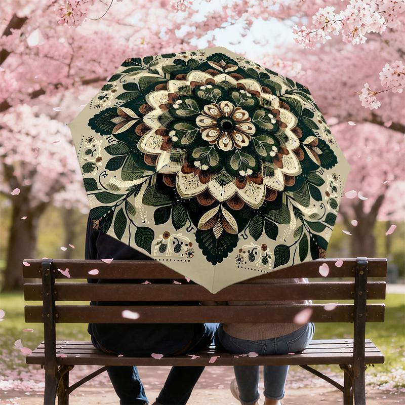 1pc mandala leaves Automatic Open/Close Umbrella with Windproof, 8-Rib Sturdy Canopy, Durable Ribs, Fashionable Design1154A
