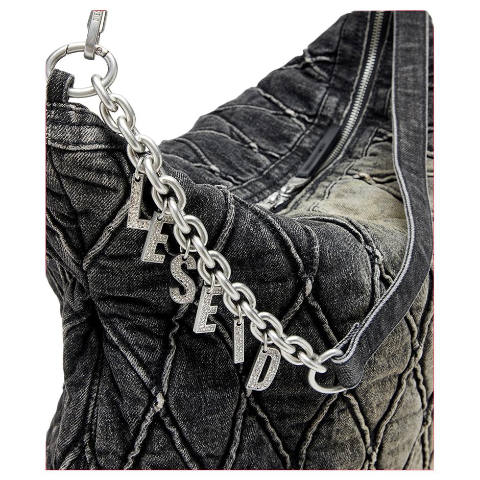 Diesel Rautenmuster Kette Dekoration Design Stoff Hobo Schultertasche Groß Damen Taschen Schwarz X10363P6330