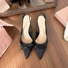 Bow Bag Head Shallow Mouth Rear Empty Sandals Women's New Satin Pointed Head Thin Heel High Heel Single Shoes