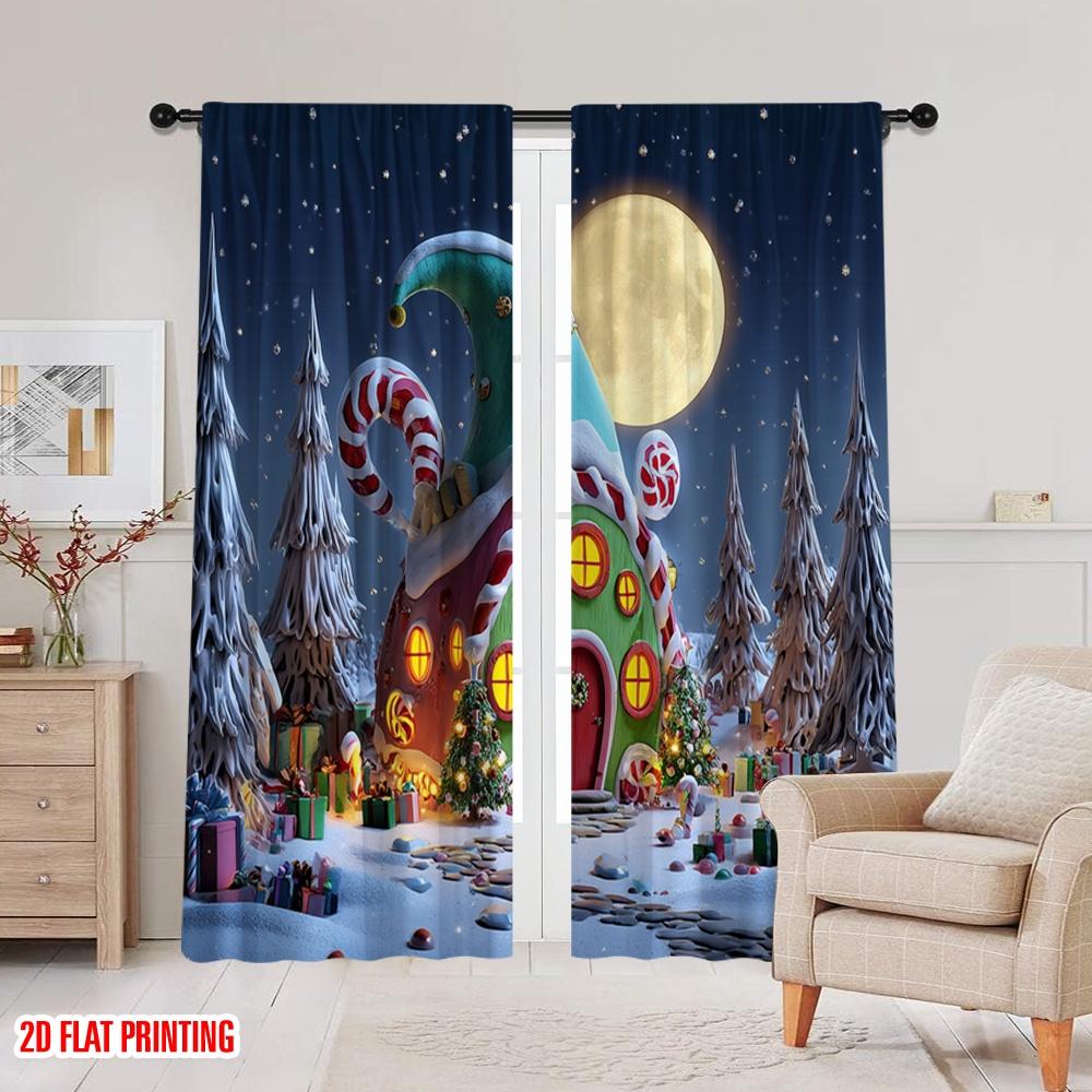 2pcs,2D Plane Printing Curtains&Window Treatment Christmas Elf House Versatile Polyester (without Rod) Decorations For Home