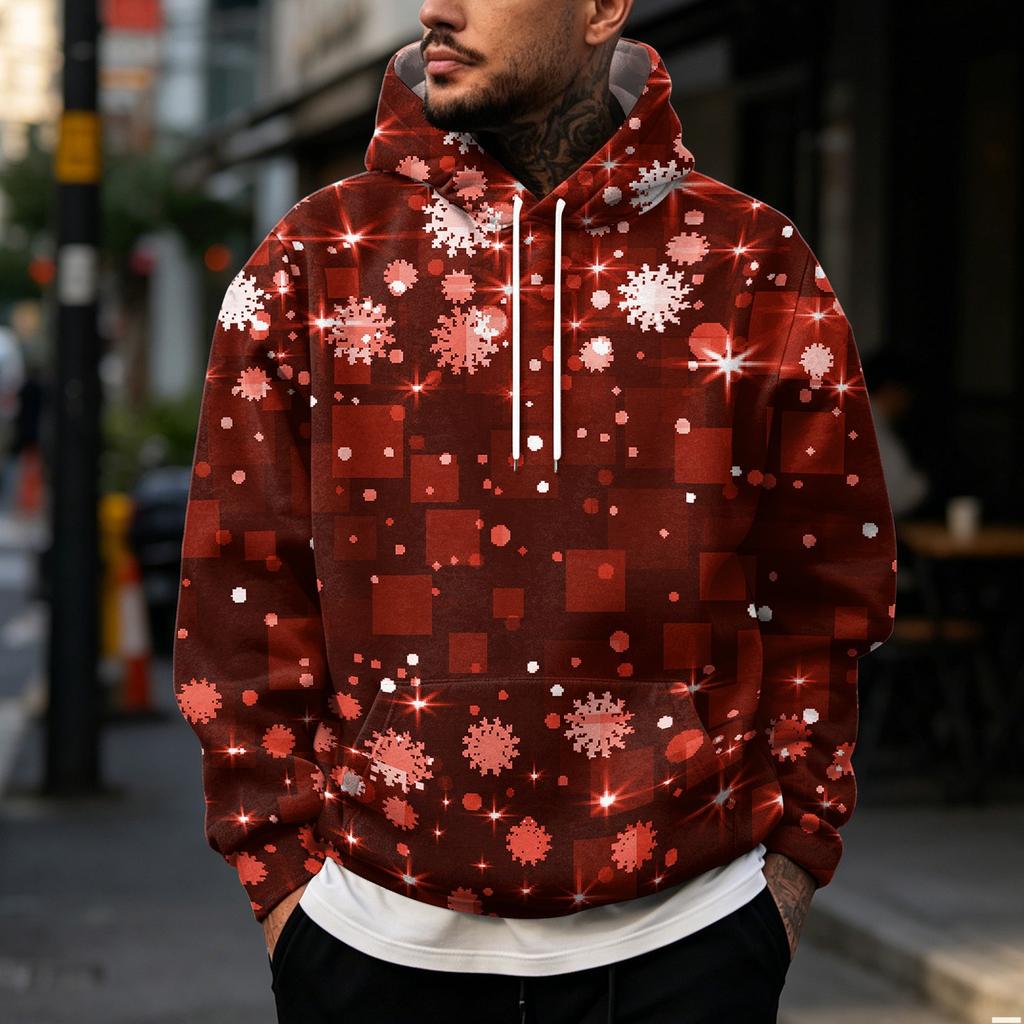 Men's Casual Loose Fit Hoodie with Christmas Print and Large Pockets