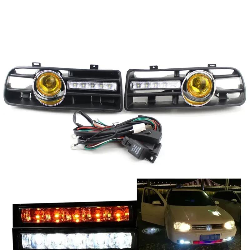 1 Pair Car Front Bumper Headlight Sport Grill Kidney Running Lights For VW GOLF MK4 1997-2006 With LED DRL Fog Lamp Accessories