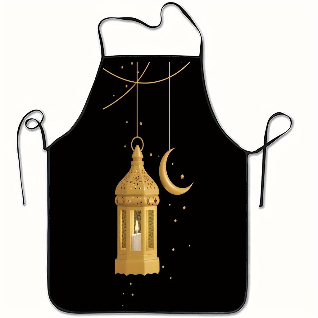 1 Unisex Printed Apron with Ramadan Fire Candle Chandelier and Crescent Moon Night Scene Design, Chef Apron, Suitable for Kitche