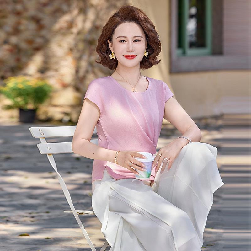 

Mother s Summer Fashion: Stylish Solid-Color Age-Reducing Two-Piece Set with Wide-Leg Pants 5XL (Recommended 145-160 jin) розовый