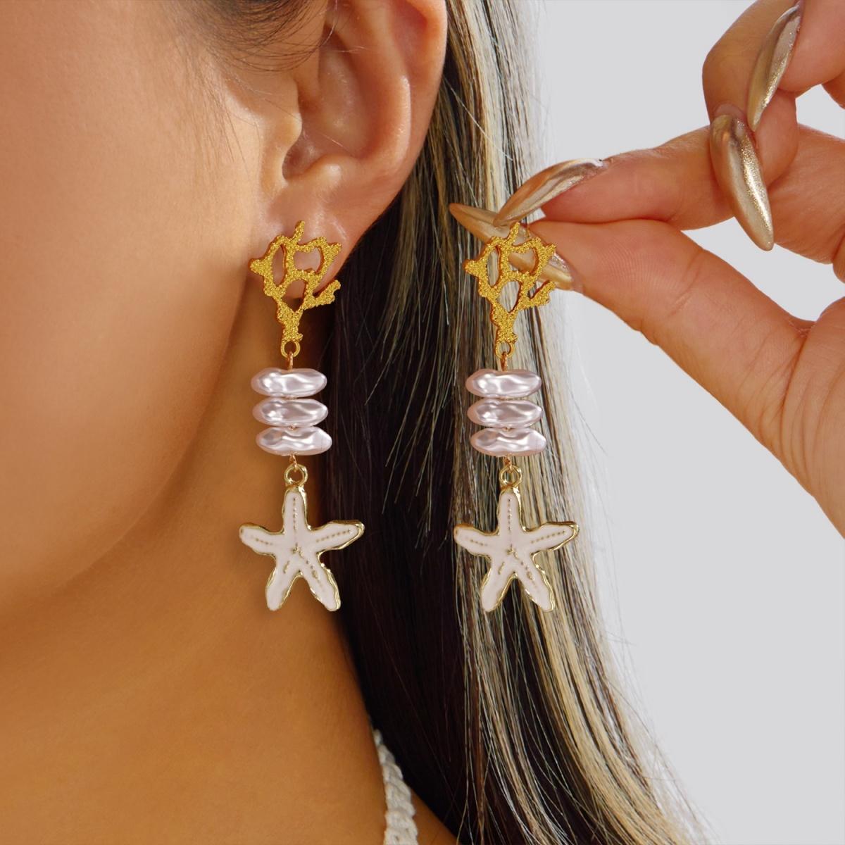 

Metal Coral Imitation Pearl Starfish Tassel Earrings For Women Men Bohemian Enamel Irregular Coral Drop Earring Summer Zircon
