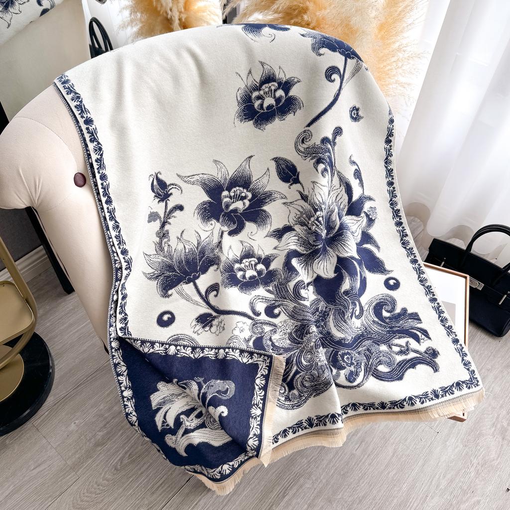 Autumn Winter Elegant Floral Design Scarf Imitation Cashmere Soft Warm Versatile Shawl Coldproof Windproof Blanket