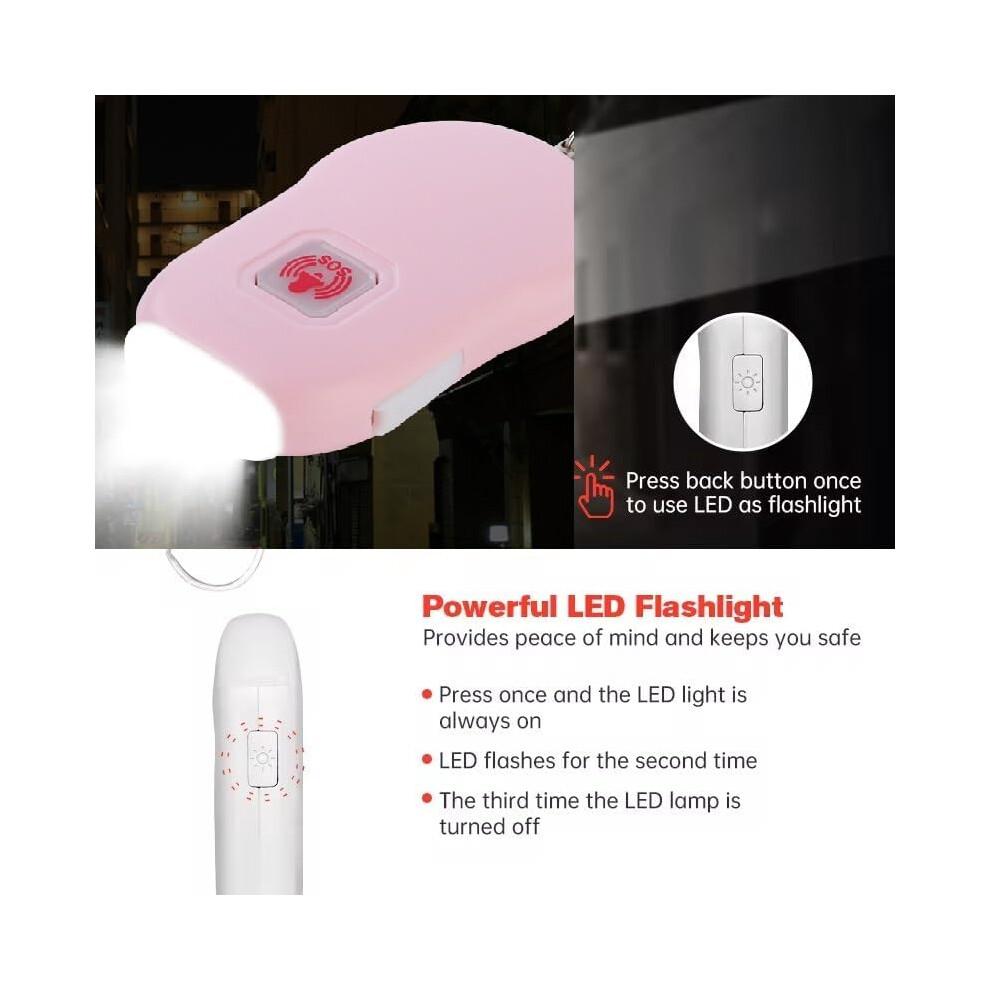 130dB Rechargeable  Safety Alarm Keychain with LED Light for Women Kids Elderly, 2 Pack White Pink