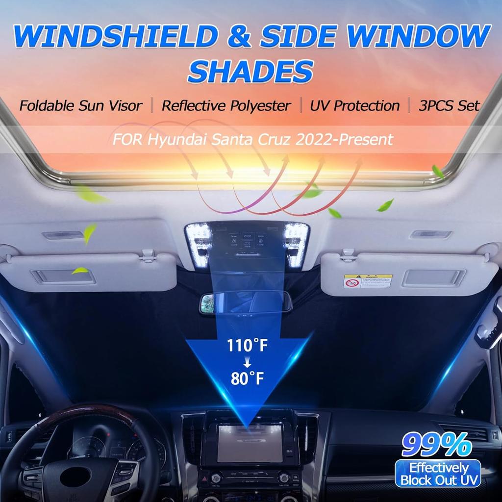 Karltys 3PCS Windshield Sun Shade For -2025 Hyundai Santa Cruz, 210T Thickened Front And Side Window Sunshade Cover  Fit Santa Cruz, Foldable Sun