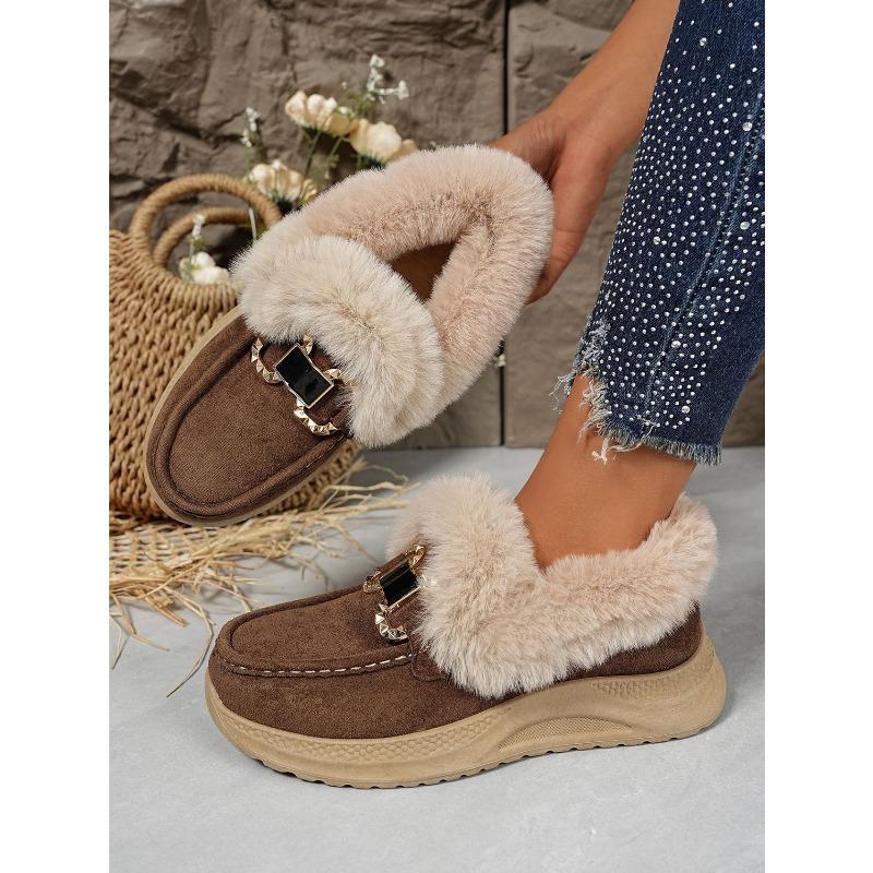 Winter New Metal Buckle Fleece Cotton Shoes Women's 2025 Plus-size Thick-soled Warm Fur Sneakers