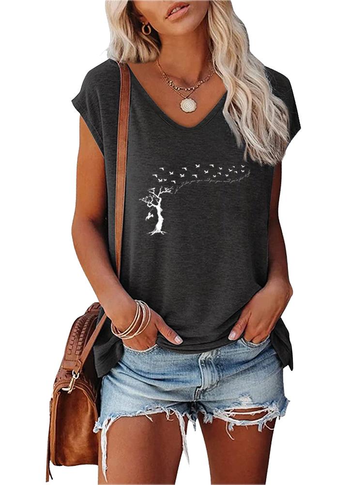 Women Fashion T-shirt Summer V Collar Print Short Sleeve Top Ladies Casual Tee Shirt