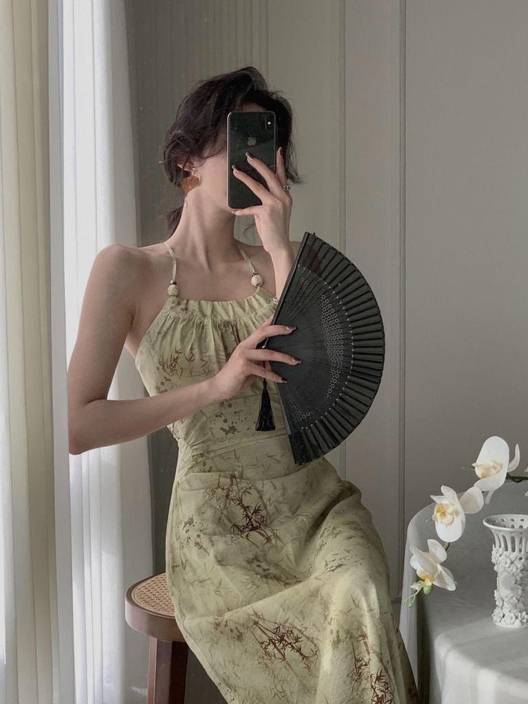 2024 Summer Halterneck Camisole Dress: Women's Elegant Cut-Out Waist Long Dress