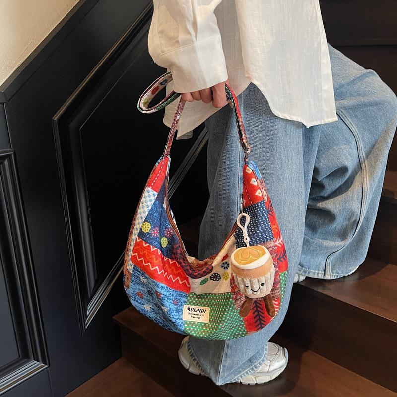 Niche Shoulder Bag Retro Contrasting Color Ethnic Style Summer Nylon Bag Crossbody Canvas Bag Women