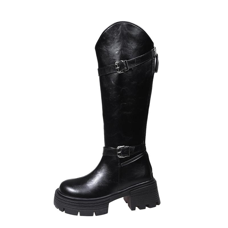 

Platform Metal Buckle Block Heel High Boots Fashion Round Toe Not Tired Feet Women s Leather Shoes 35 чёрный