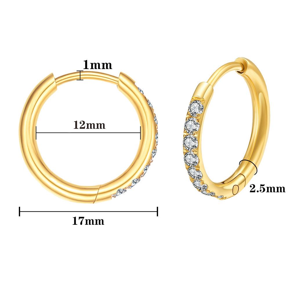 Korean Style Stone-Inlaid Titanium Steel Hoop Earrings - Fresh Design with Stainless Steel and Diamond Detailing, 2.5mm Line.