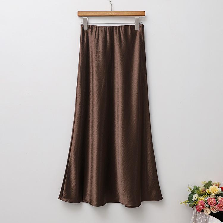 Французька спідниця міді А-силуету з атласу з високою посадкою для жінок - Осіння колекція