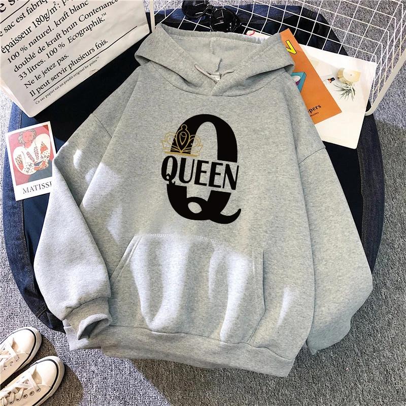 King Queen Tryck Hoodie för Kvinna Man 2025 Ny Ankomst Par Huvtröja Långärmad Pullover Hemma Utomhus Komfort Varma Sweatshirts