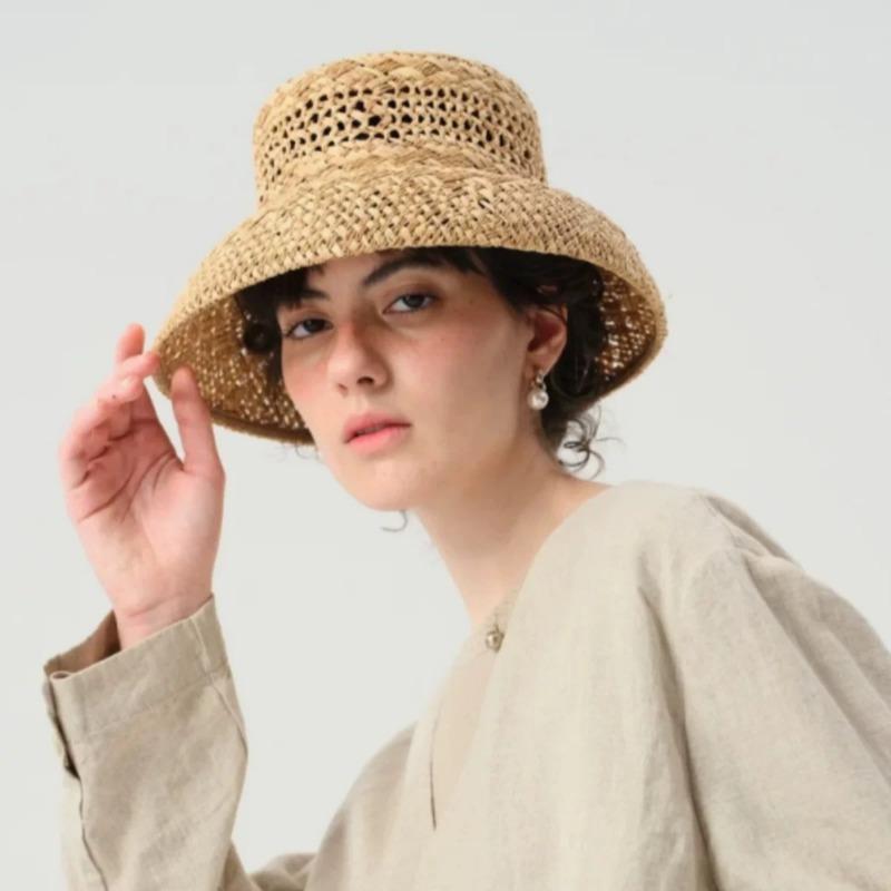 New French Retro Hollow Raffia Straw Bucket Hats Women Summer Travel Fashion Concave Top Sun Hats Ladies Hand Woven Beach Hat