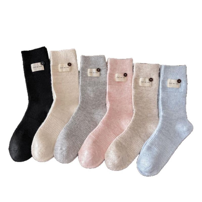 Wool Accessories Women's Socks - Winter High-end Thick and Warm Knitted Fabric with Logo Buttons, Pure Color, Simple Design, Mid-calf Length Socks