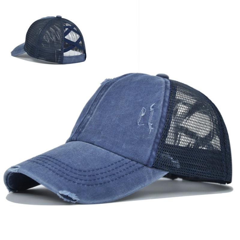 Baseball Cap Womens Cotton Mesh With Crossed Ponytail Openings For Summer Casual Wear