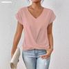 Women's V Neck Rolled Cap Sleeve T Shirt Front Twist Knot Solid Color Elegant Summer Blouse