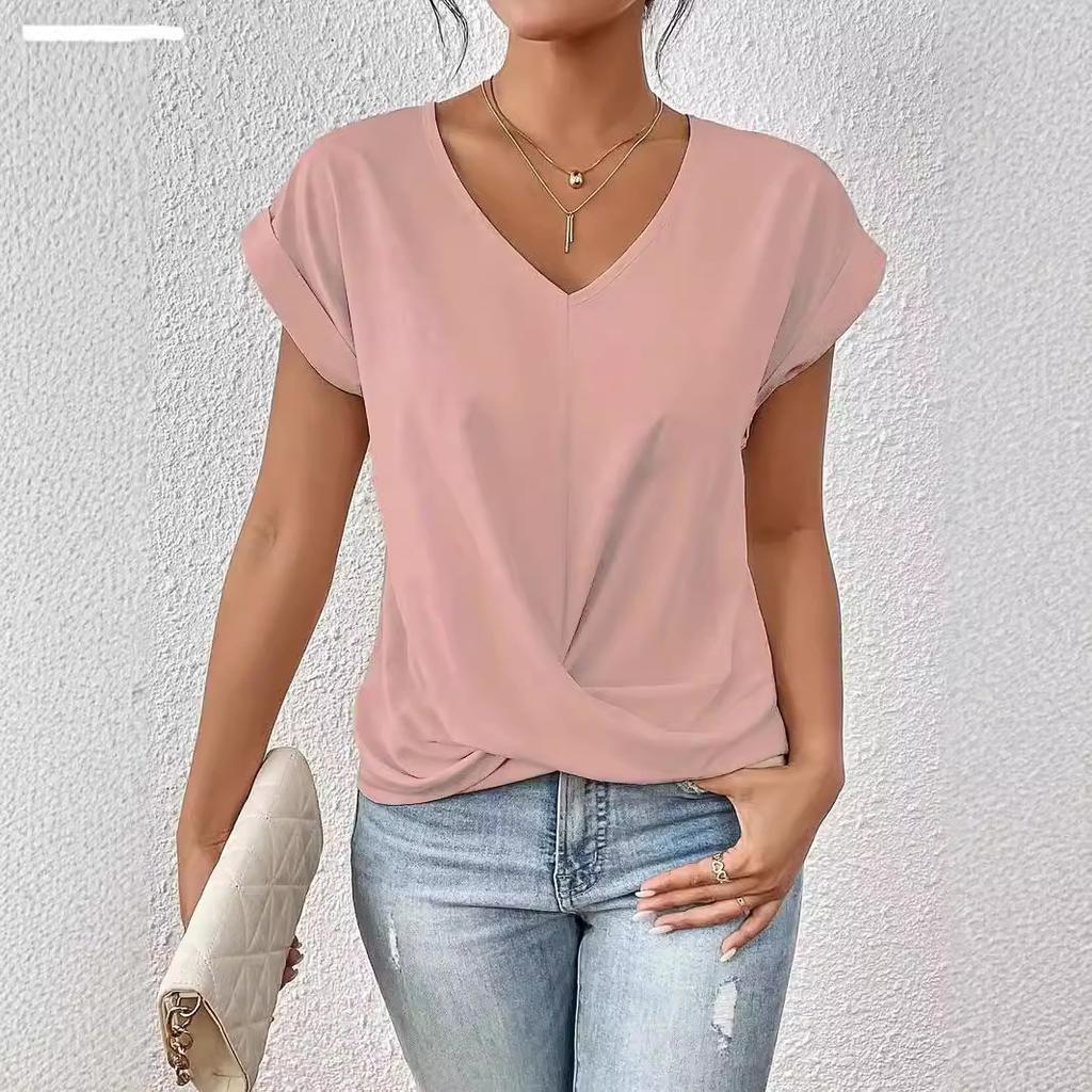 Women's V Neck Rolled Cap Sleeve T Shirt Front Twist Knot Solid Color Elegant Summer Blouse
