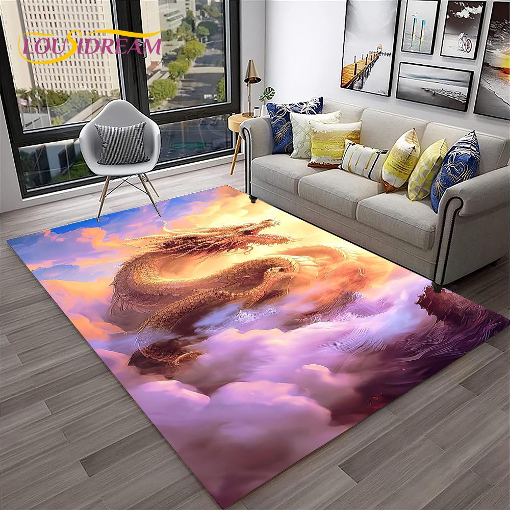 3D China Dragon Myth Art Cartoon Carpet Rug for Home Living Room Bedroom Sofa Doormat Decor,Kid Play Area Rug Non-slip Floor Mat