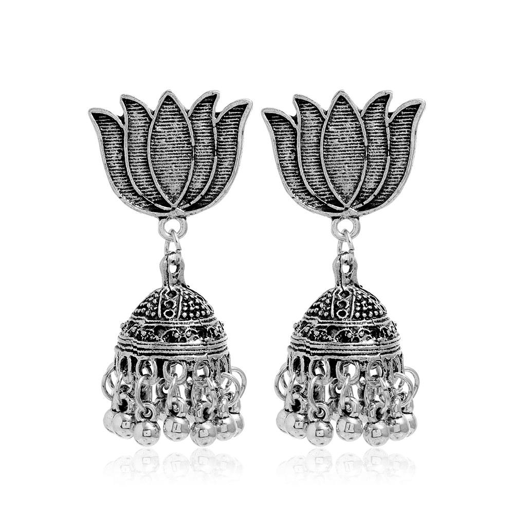 Indian Ethnic Style Boho Vintage Antique Alloy Carved Bell Tassels Drop Earrings Jhumki Jewelry For Women Party Accessories