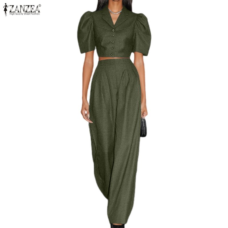 ZANZEA Women Short Sleeve Cropped Tops and Long Pants Two Piece Suit Sets