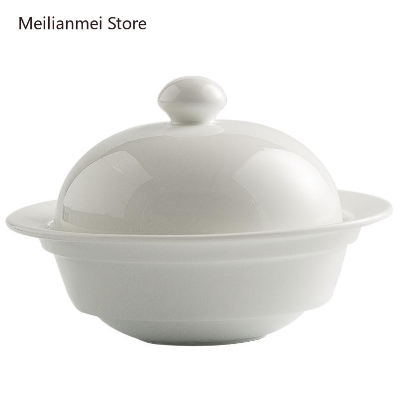 White Ceramic Bowl Home Steaming Egg Bowls Hotel Restaurant Tableware Chinese Soup Cup Ceramic Soup Bowl Round Bowls with Lid