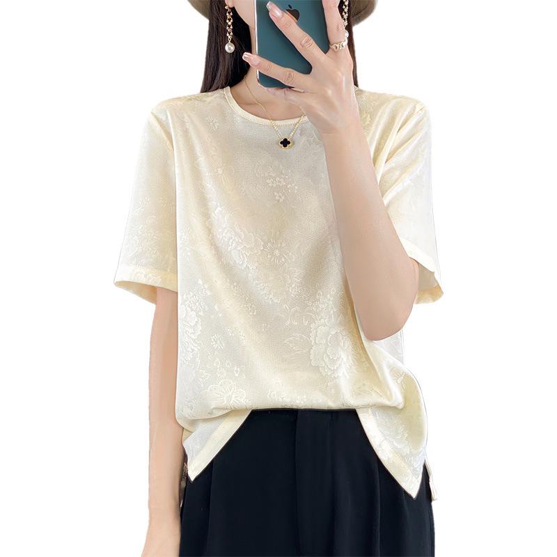 Women's Satin Round-Neck Five-Sleeve Loose-Fit Summer T-Shirt