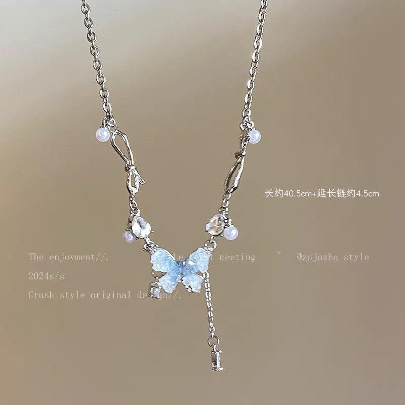 Ice Crystal Gradual Change Color Pearl Butterfly Fringed Necklace Women's Summer Exquisite High Sense Collarbone Chain Sweet Cool Babe Necklace