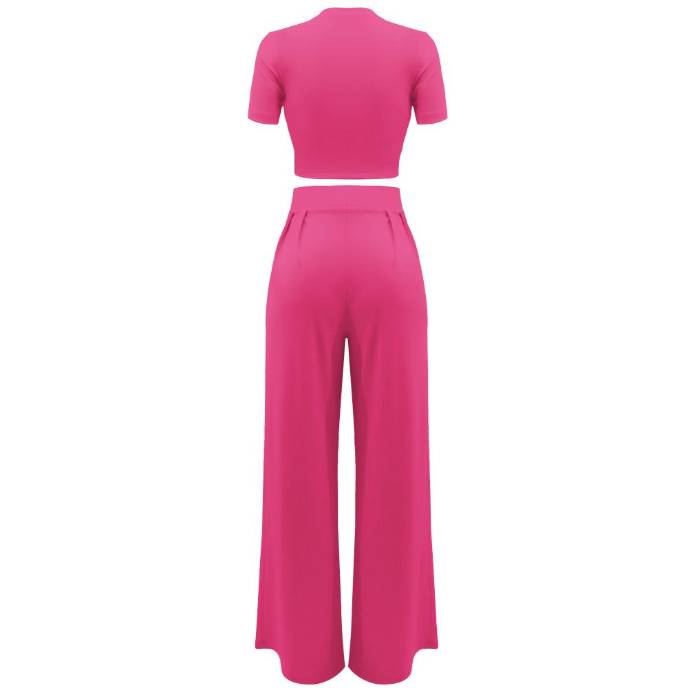 Crop Top & High Waist Loose Straight Leg Pants Set – Solid Color