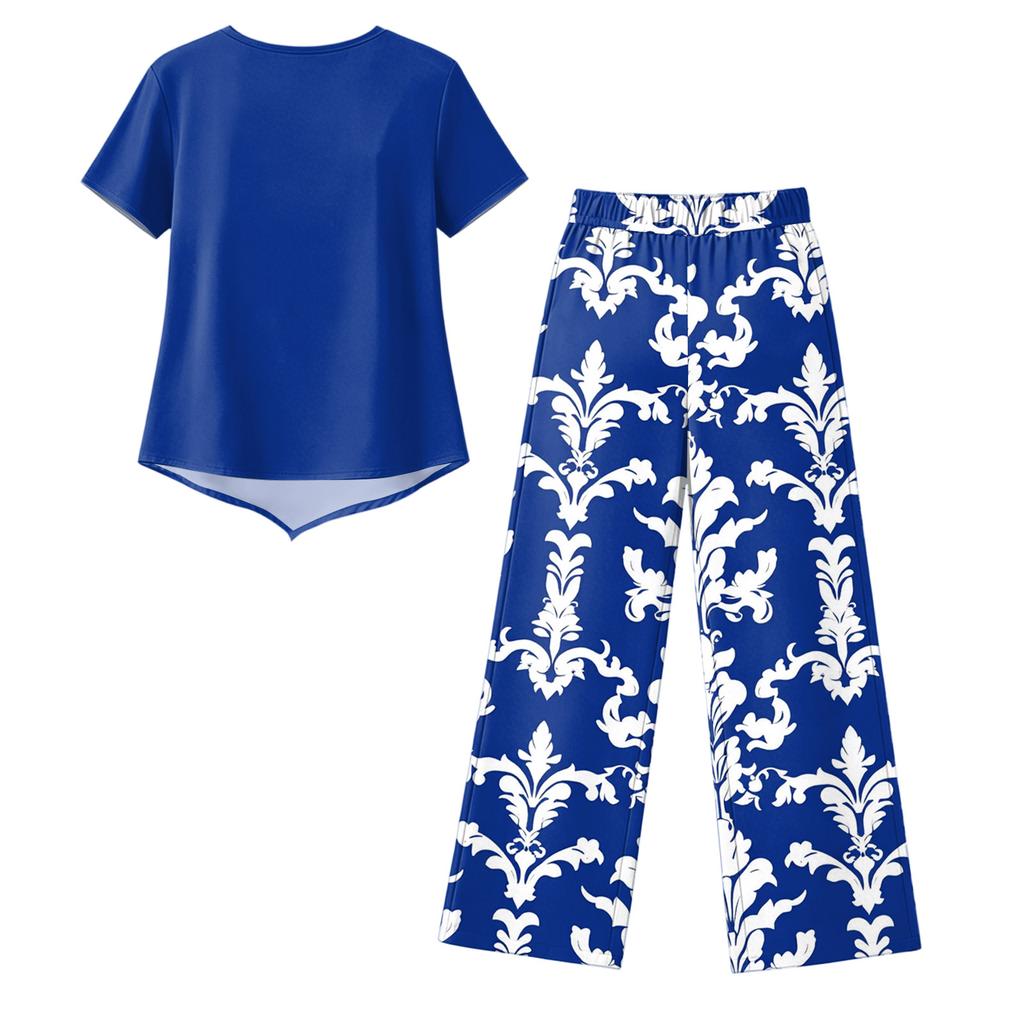 Women's Casual Short Sleeve Printed T-Shirt and Pants Set - Round Neck Summer Top with 3/4 Length Bottoms - Fashionable Outfit for Women