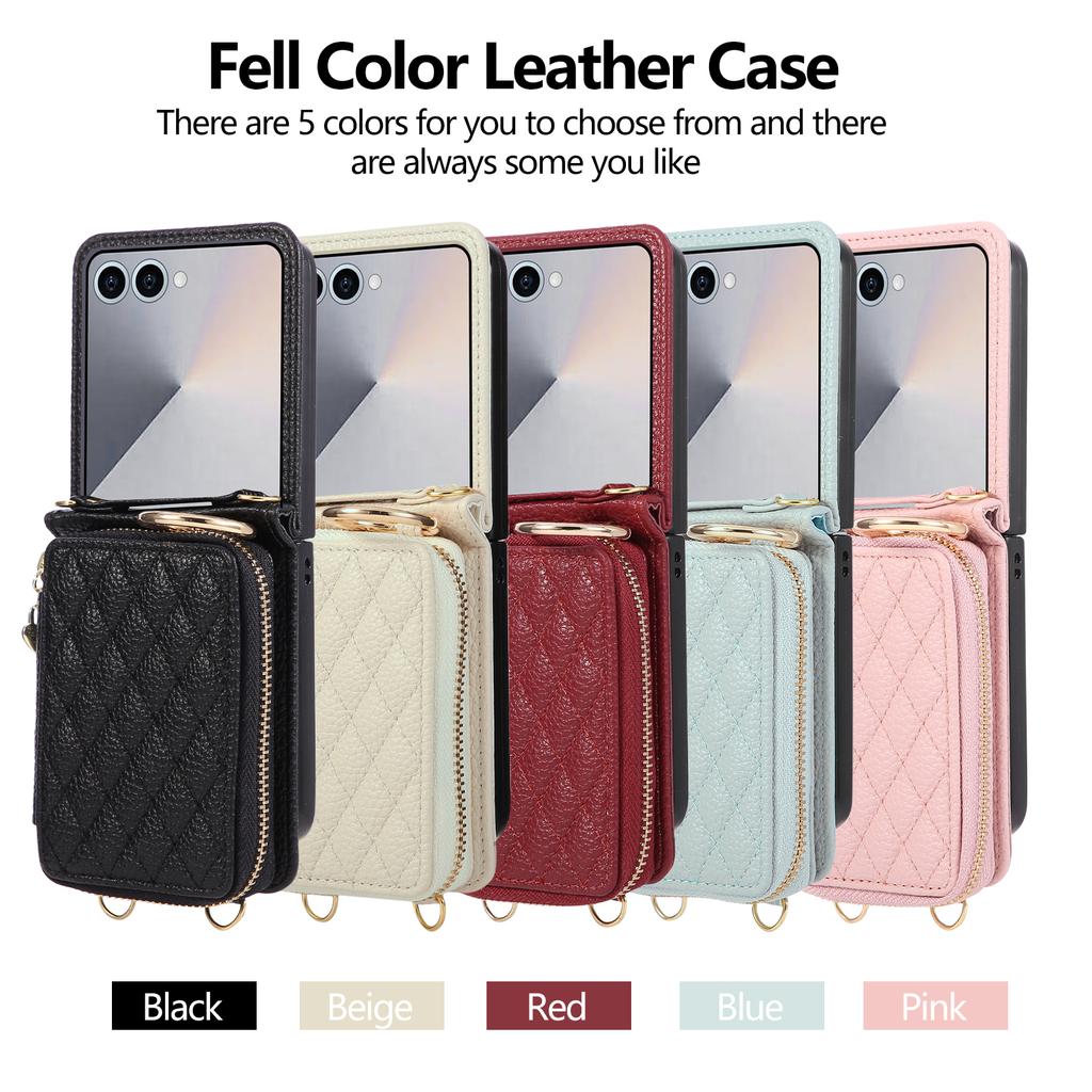 Crossbody Zipper Cards Solt Wallet Leather Ring Holder Case For Samsung Galaxy Z Flip 7 6 5 4 3 7FE Long Lanyard Bag Grid Cover