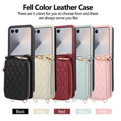 Crossbody Zipper Cards Solt Wallet Leather Ring Holder Case For Samsung Galaxy Z Flip 7 6 5 4 3 7FE Long Lanyard Bag Grid Cover