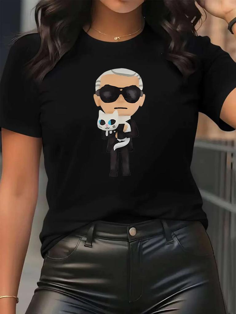 ZX Koszulka Kreskówkowa KARL Damska Koszulka Casualowa Moda Krótki Rękaw Wygodna Koszulka Letnia Odzież Uliczna koszulka damska odzież damska