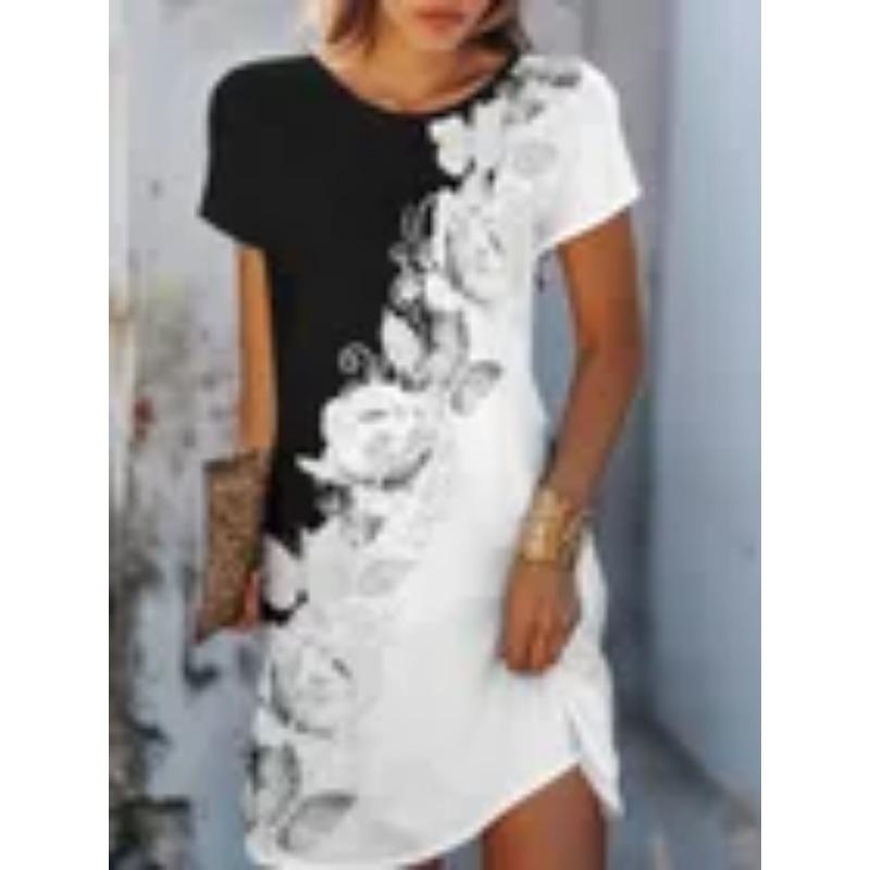 Summer Short Sleeved Dress Loose Casual Plus Size Dress Flower Print Dress Mini Skirt