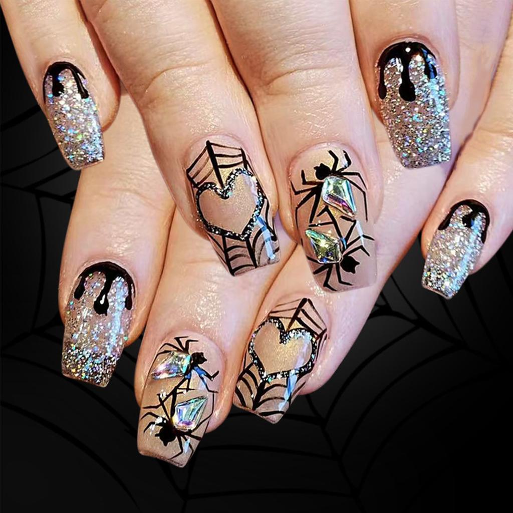 24 stycken Halloween Spindelnät Glitter Press-On Naglar Med Hjärtdesign Falska Naglar För Kvinnor Flickor