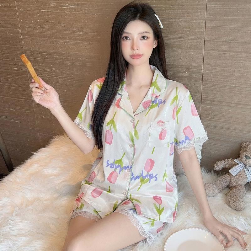 Ice Silk Summer Pajamas Girl Tulip Short-Sleeved Shorts Pure Lust Lace Loungewear Can Be Worn Outside