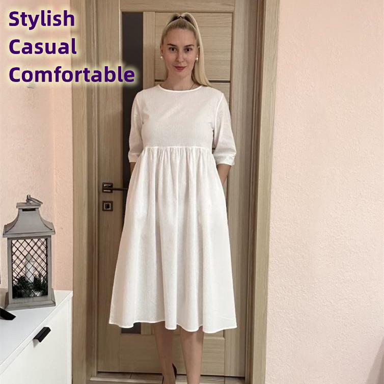 QICED Women's Solid Color Fashion Lantern Sleeve Loose Cotton Linen Pocket Dress