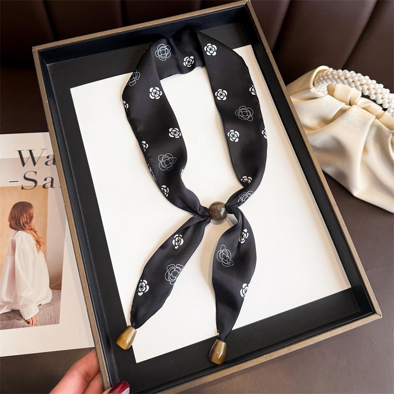 Professional Versatile Simulation Silk Printed Silk Scarf Double-layer Beaded Premium Sense Neck Protection Commuter Strip Decorative Scarf Scarf