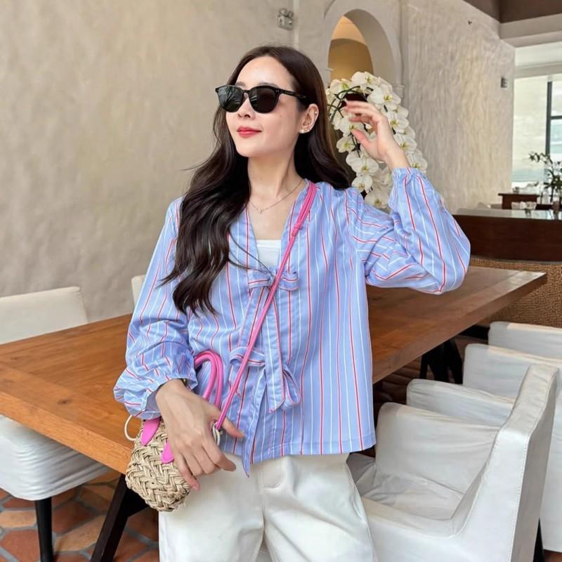 Womens Loose Fit Striped Round Neck Shirt With Bow Detail Casual Top