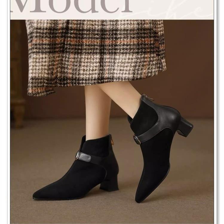 Pointed thick heel Martin boots women's autumn large size suede belt buckle medium heel short boots