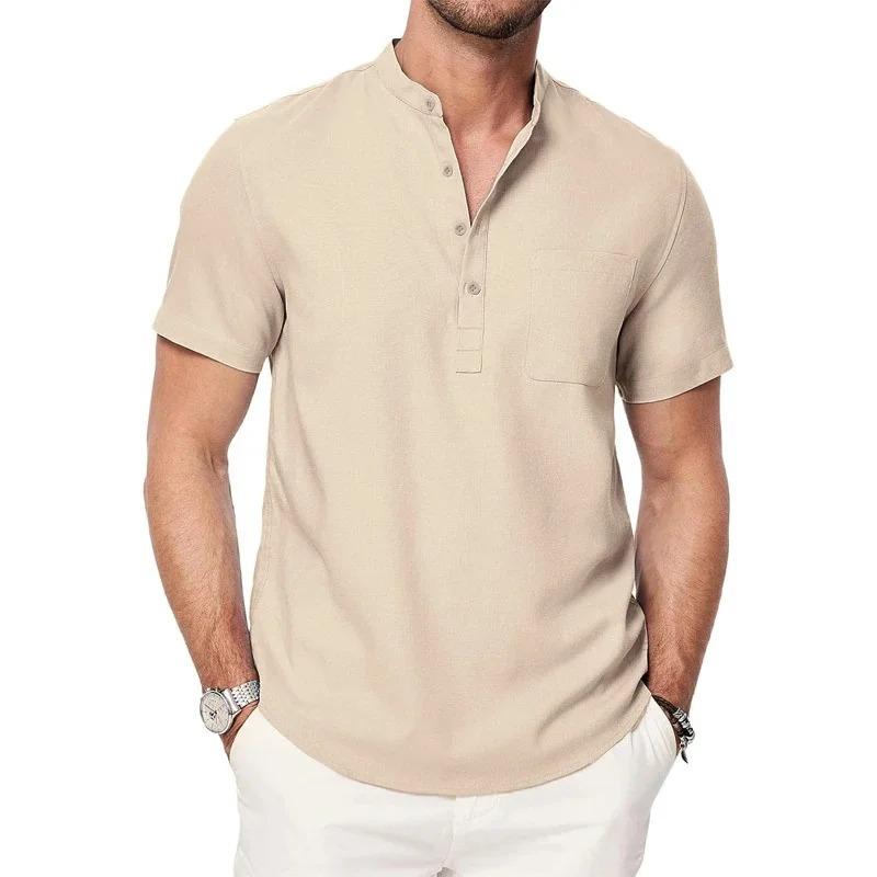 

Мужская футболка с воротником хенли из хлопка и льна с карманами на пуговицах, повседневные футболки с коротким рукавом для отдыха на пляже, однотонные легкие топы XXXL хаки