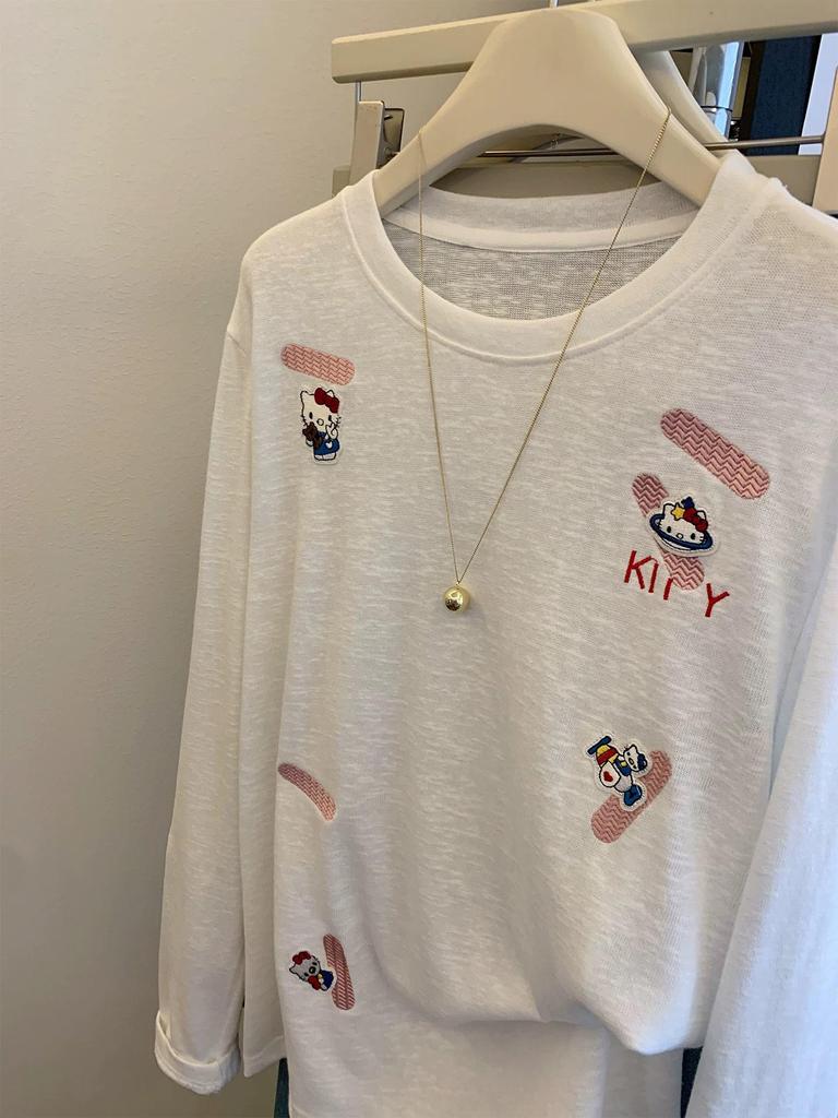 Plus Size Snowflake Cat Embroidery Long Sleeve T-shirt - Women's Autumn Korean Style
