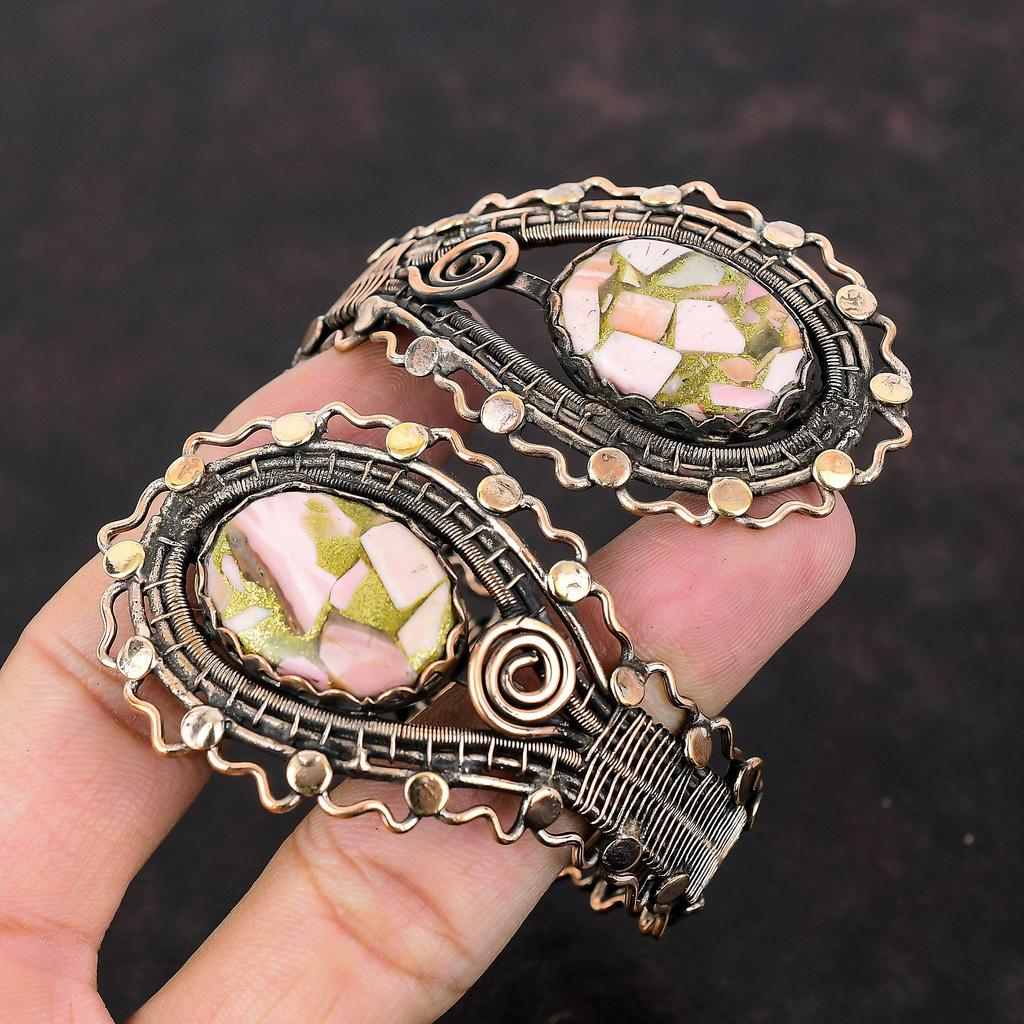 Kupfer Rosa Opal Armreif Kupferdraht umwickelt Edelstein Manschettenarmband Verstellbarer Armreif Handarbeit Schmuck Jahrestag Geschenk Kupferdraht Schmuck